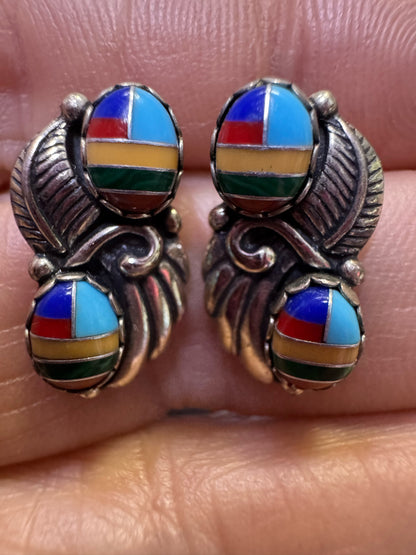 Native American Sterling Silver Multi Stone Inlaid Earrings WM .75" x .40" Leave