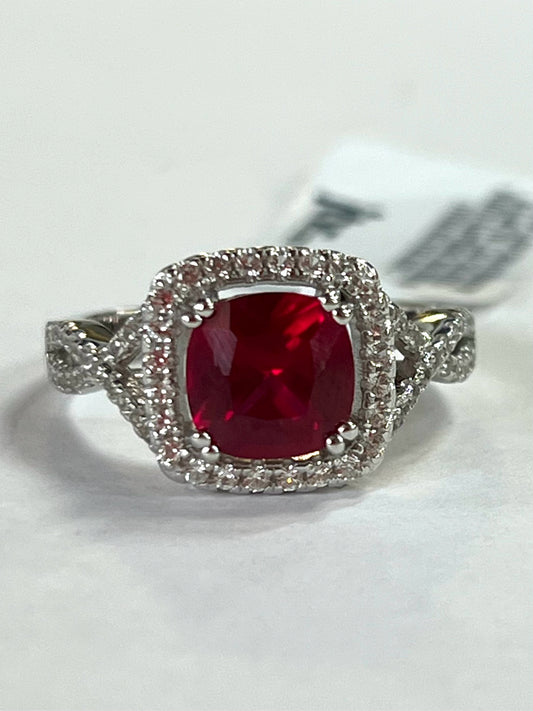 Sterling Silver Lab Creted Ruby & White Sapphire Ring New w/ Tags Size 8