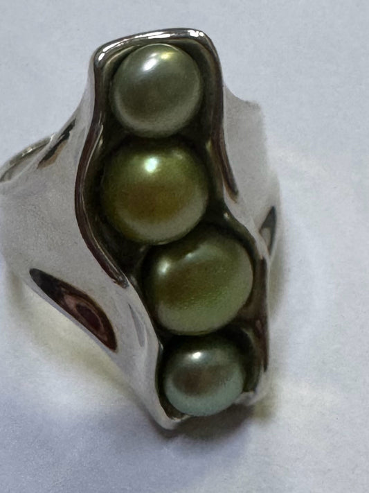 Designer HG Hagit Gorali Israel Sterling Silver & Pearl Modernist Ring Size 8