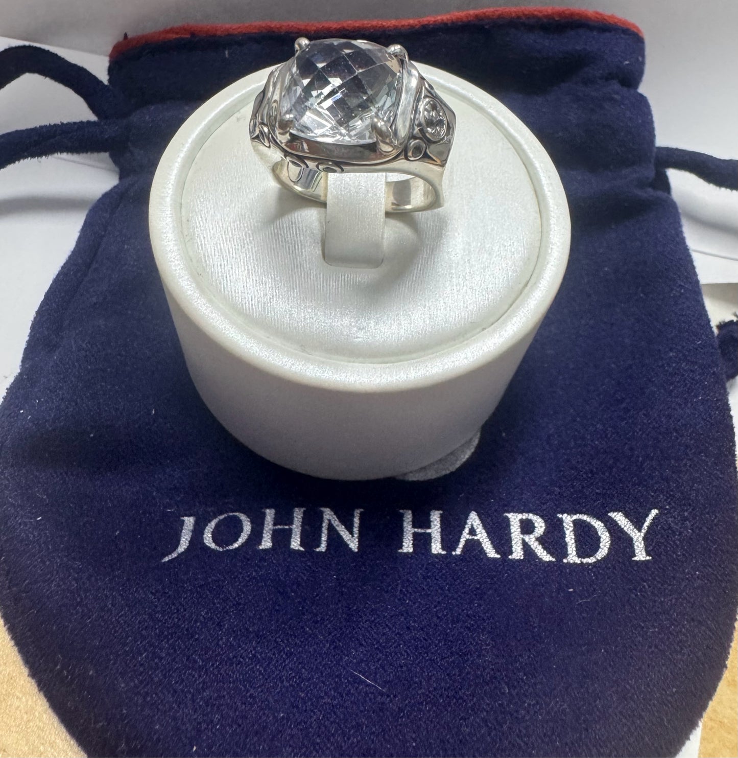 John Hardy Sterling Silver White Topaz Cushion Cut Bamboo Batu Ring Size 7