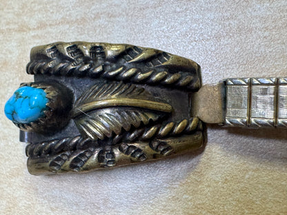 JJM Navajo Jim Julia Martinez Sterling Silver Turquoise Watch Tip Gold Wash Band