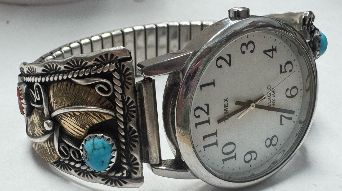 Sterling Silver & Gold Filled Watch Tips Turquoise & Coral Timex Watch