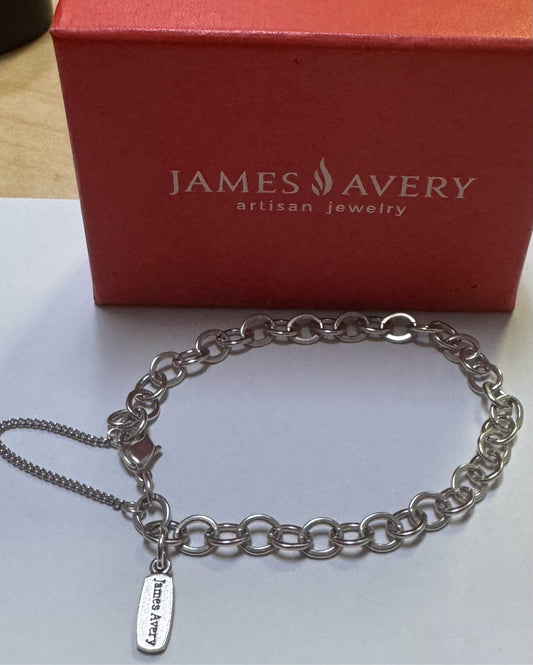 James Avery Sterling Silver 8” Charm Bracelet w/ Safety Chain & Logo Tag & Box