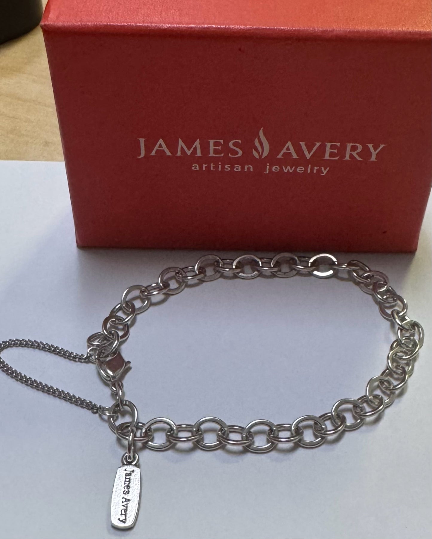 James Avery Sterling Silver 8” Charm Bracelet w/ Safety Chain & Logo Tag & Box