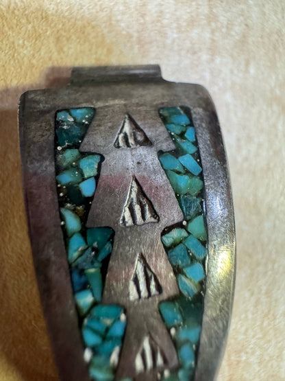 Silver Native American Inlaid Chip Turquoise Stretch Watch Band