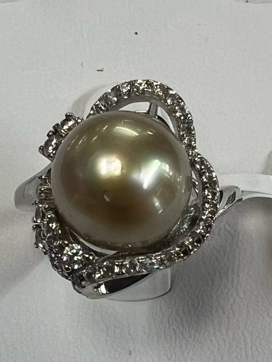 Sterling Silver 11mm South Sea Pearl White Zircon Ring New w/ Tags Size 8 JTV