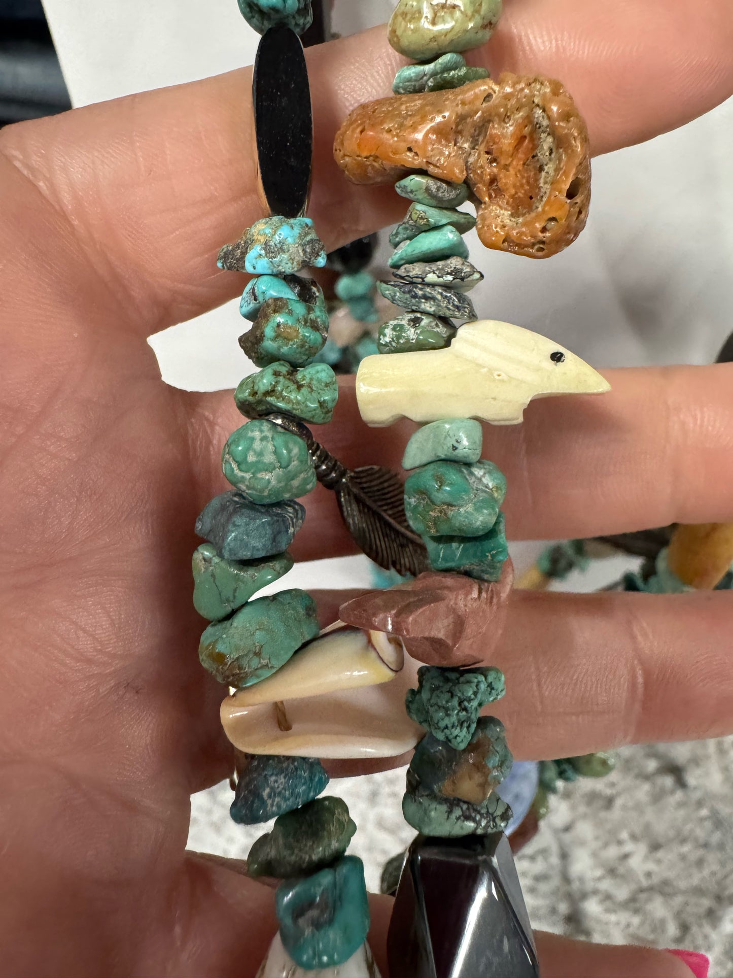 Vintage Native American Sterling Silver 4 Strand Heavy 28-32" Turquoise Necklace