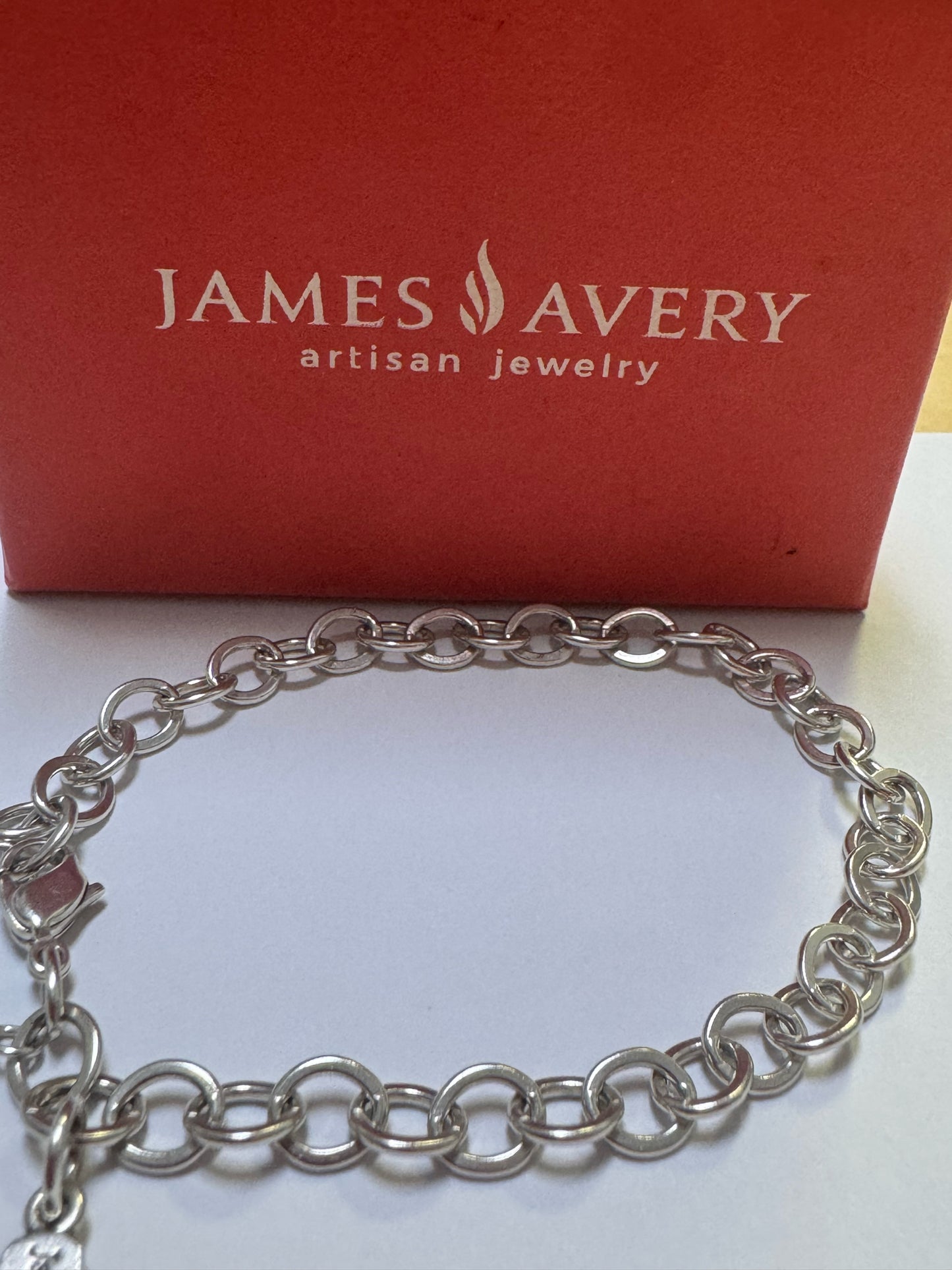 James Avery Sterling Silver 8” Charm Bracelet w/ Safety Chain & Logo Tag & Box