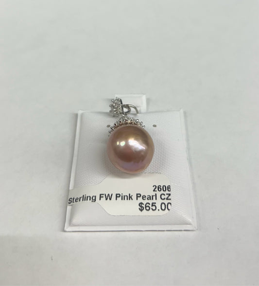 Sterling FW Pink Pearl CZ Pendant New JTV