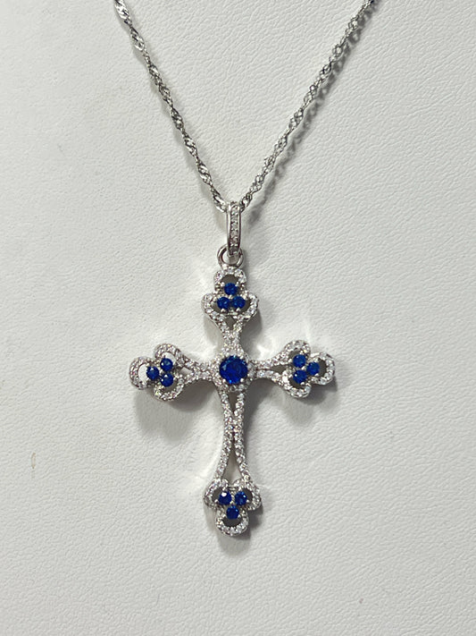 Sterling Silver Blue White CZ Necklace Cross New JTV