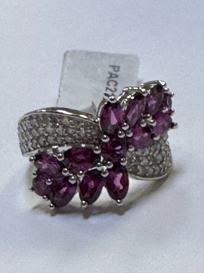 14k White Gold Marquise Rhodolite Grape Garnet Dimaond Ring Size 8