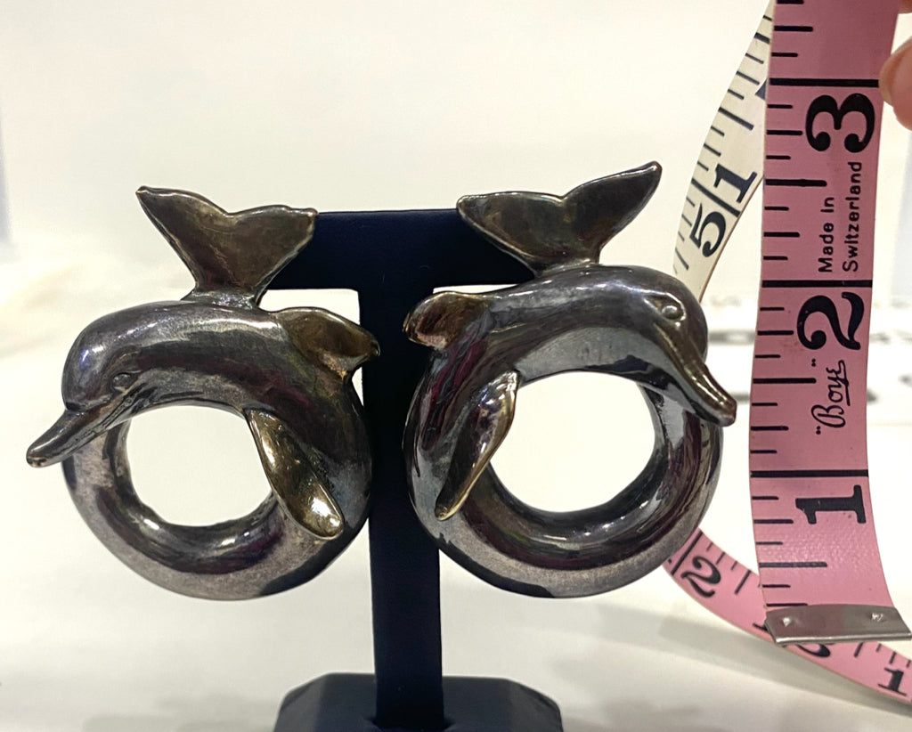 Vintage Designer YAACOV HELLER 925 Sterling Silver Dolphin Clip on Earrings 2.4"