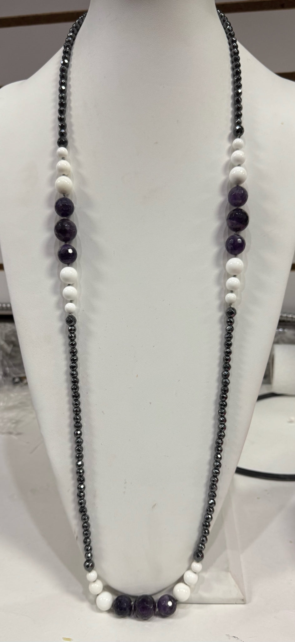 Dallas Prince faceted amethyst hematite white Agate sterling silver necklace 44"
