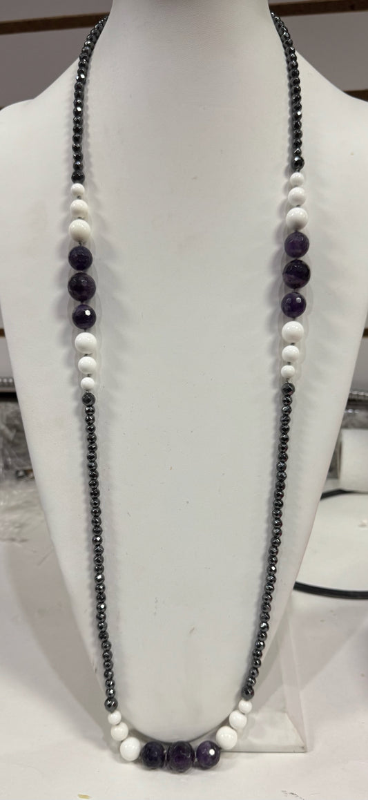 Dallas Prince faceted amethyst hematite white Agate sterling silver necklace 44"