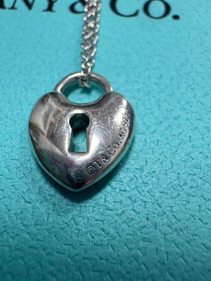 Tiffany & Co Sterling Silver Blue Enamel Small Heart Lock 16" Necklace Keyhole