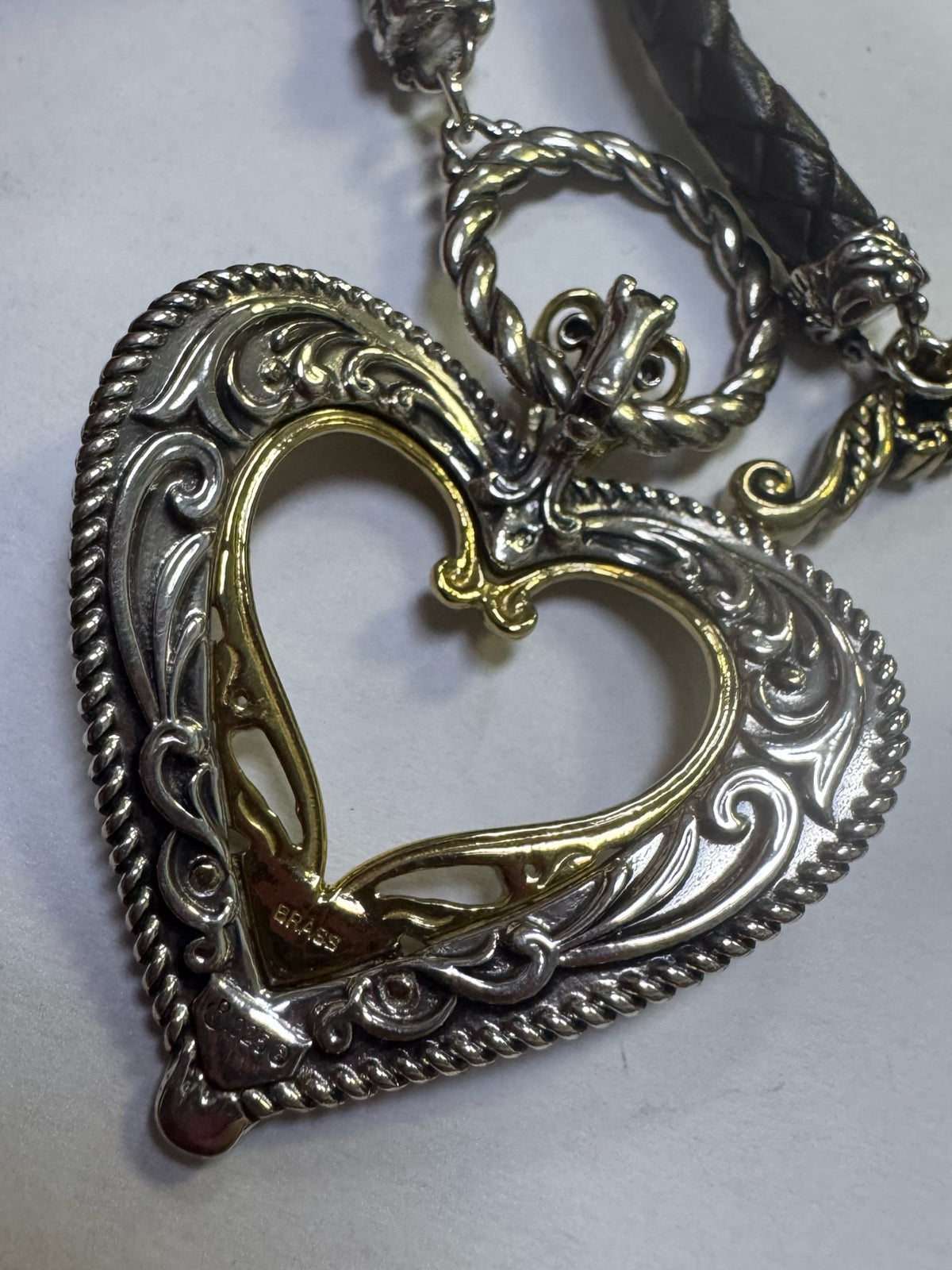 Carolyn Pollack Sterling Silver Brass Heart Pendant  Enhance Leather Necklace