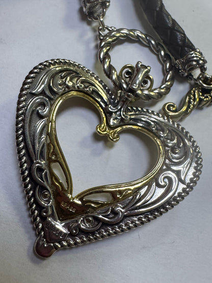 Carolyn Pollack Sterling Silver Brass Heart Pendant  Enhance Leather Necklace