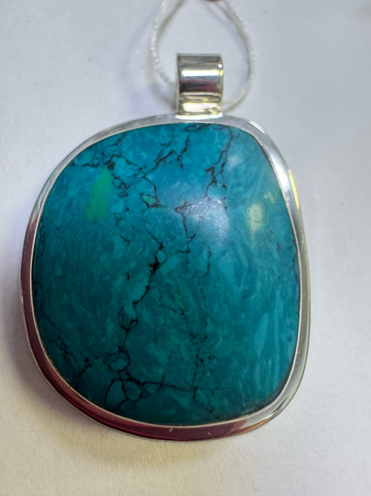 ATI Mexico Sterling Silver Large Turquoise Pendant 1.85" X 1.35" Heavy 24 Grams
