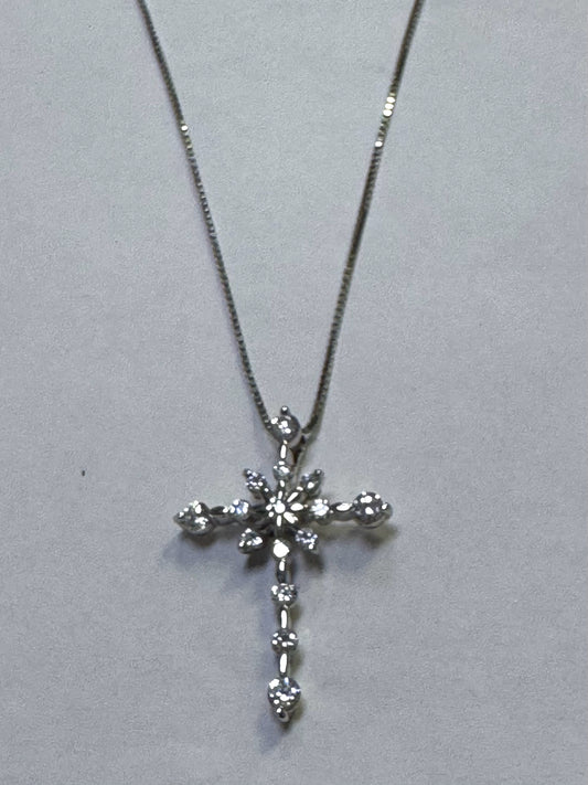 Sterling Silver CZ Cross Pendant & Adj Chain 18"-20"