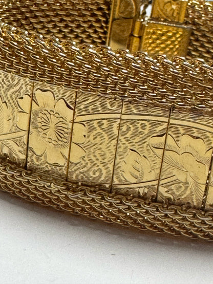 HOBE Floral Etched Goldtone Mesh Vintage Panel Bracelet 1” Wide w/Safety