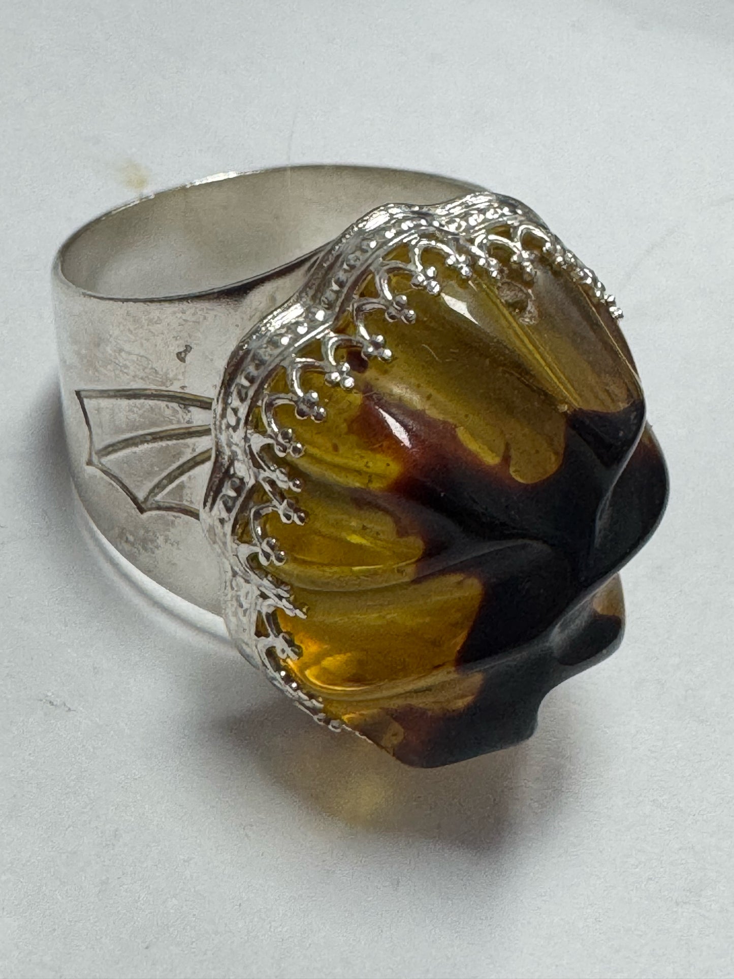 Sterling Silver DTR Jay King Carved Amber Ring