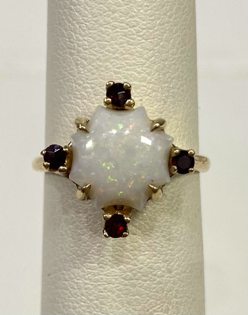 10k Yellow Gold Fancy Star Cut Opal & Garnet Vintage Antique Ring Size 5.5