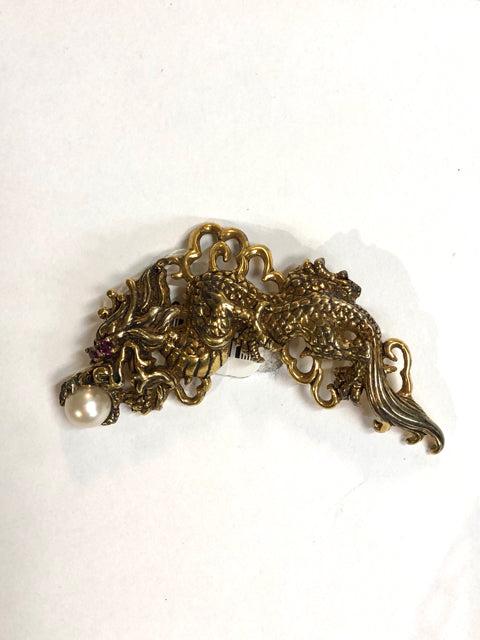 Franklin Mint Gold Over Sterling Brooch Kai-Yin Lo Dragon KYL FM 87 Pearl