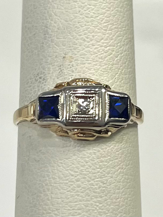 14k Yellow Gold Vintage Diamond & Sapphire Antique Ring Size 5.5