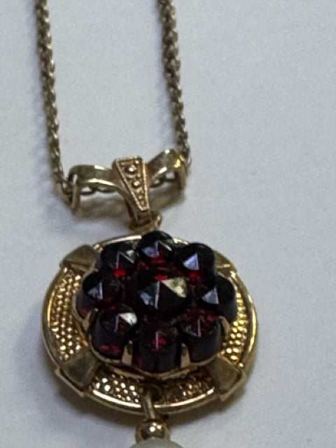 AMCO 14K Gold Filled Necklace Clip on Earring Set 2 Pc Red Garnet Pearl