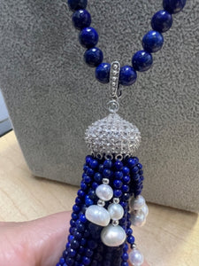 Dallas Prince Blue Lapis & Pearl Bead 30" Necklace Tassel Pendant 4" Enhancer