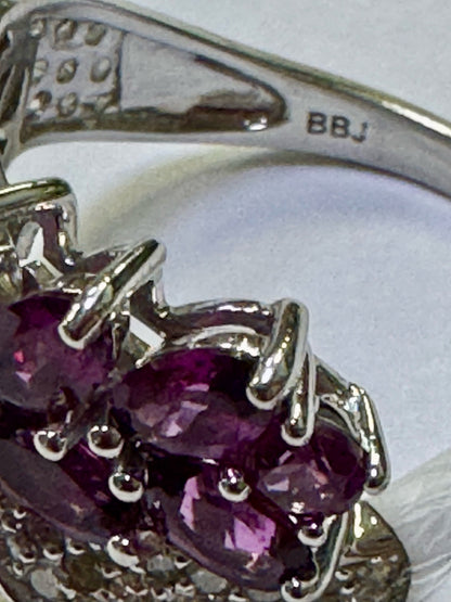 14k White Gold Marquise Rhodolite Grape Garnet Dimaond Ring Size 8