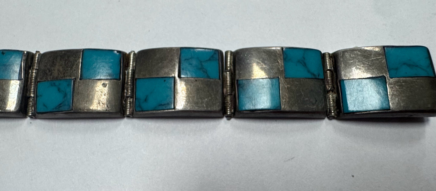 Fred Guerro Sterling Silver Turquoise Inlaid 7" Bracelet Native American Navajo