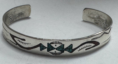 Sterling Silver Gibson Gene Navajo Cuff  Turquoise Coral Inlay Bracelet