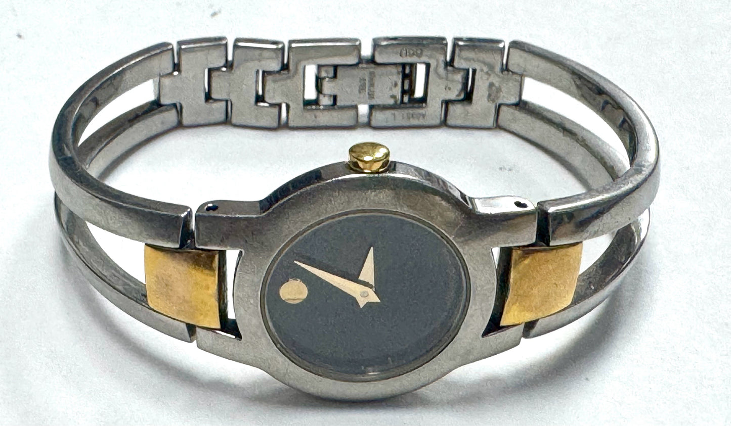 Amorosa Movado Museum Watch Black Dial 2 Tone 84 E4 1842 BANGLE New Bat