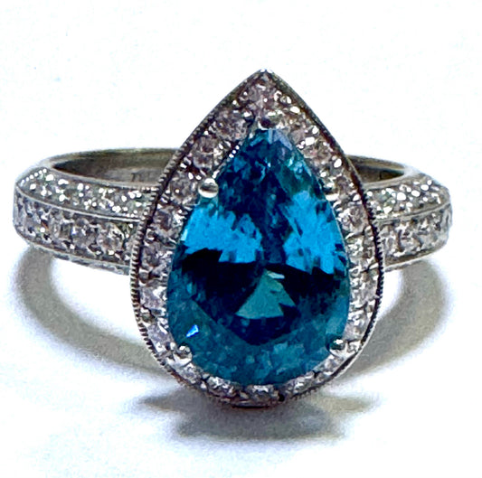Designer Simon G 18k White Gold Pear Blue Topaz Diamond Ring Size 6.5
