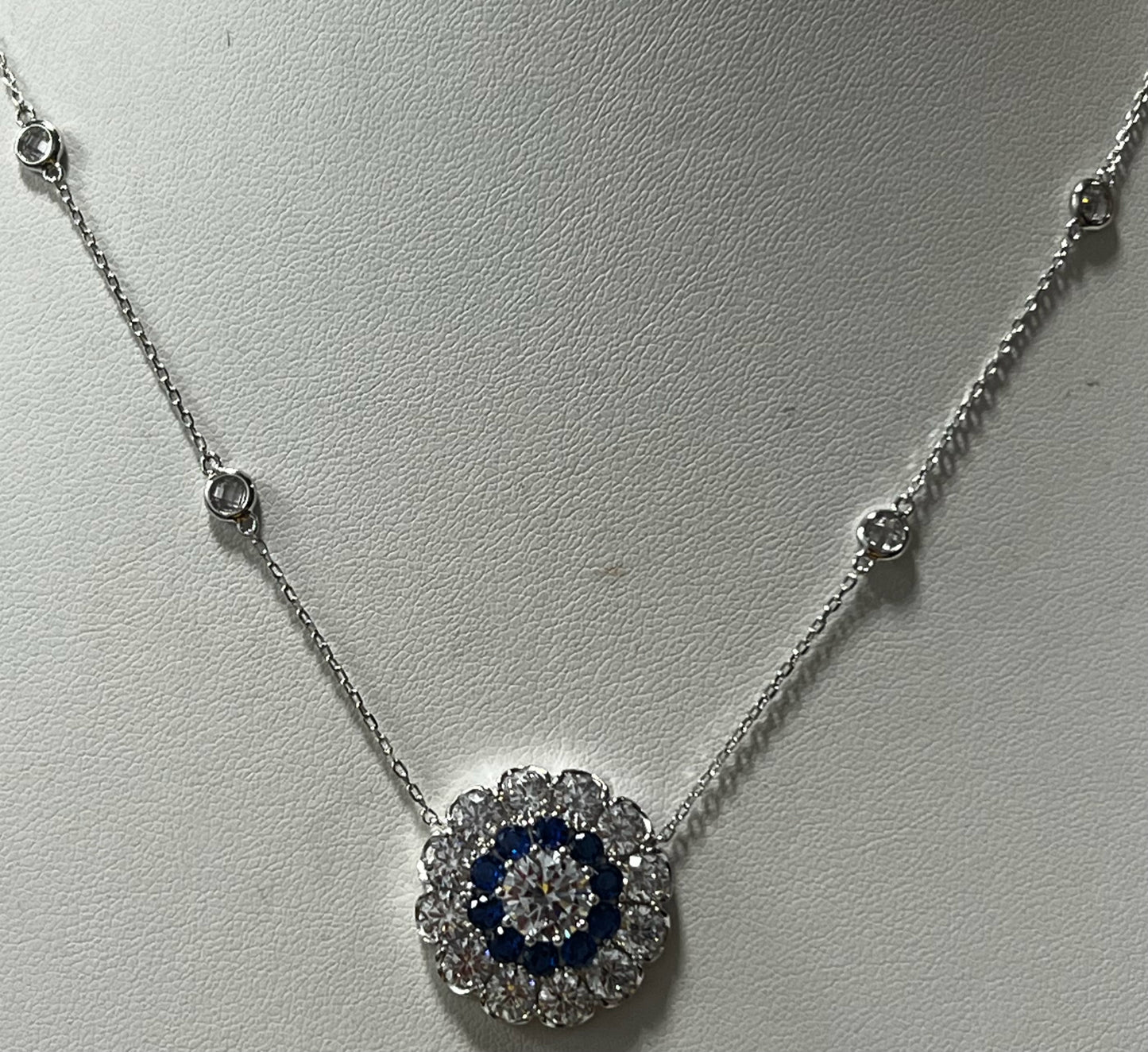 Sterling Silver Created Blue Spinel & CZ Necklace New w/ Tags  JTV