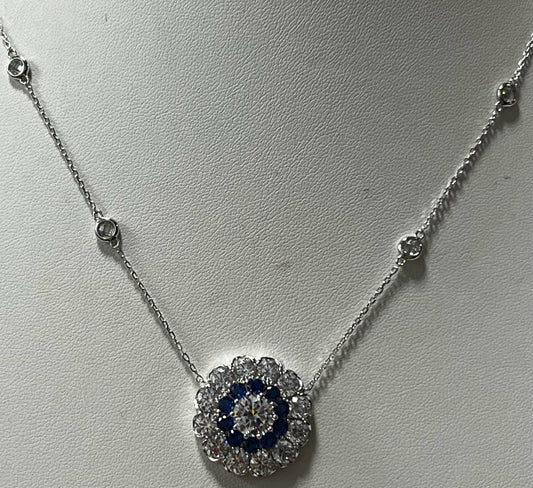 Sterling Silver Created Blue Spinel & CZ Necklace New w/ Tags  JTV