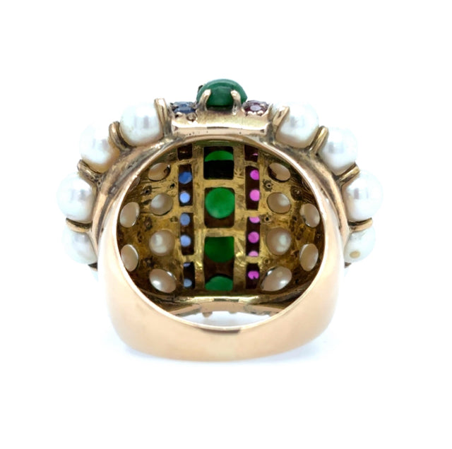 Art Deco 14ky Bombe Pearl Jade Ruby Sapphire Cluster Vintage Ring Size 7