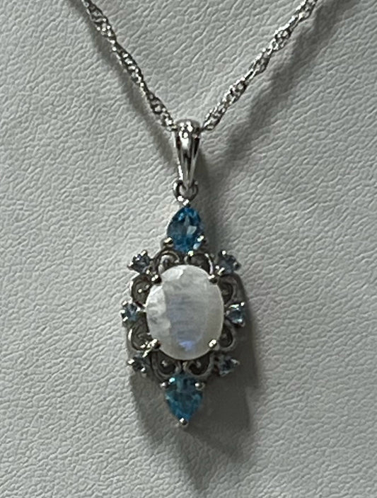 Sterling Silver Opal & Blue Topaz Pendant & Necklace Chain JTV New