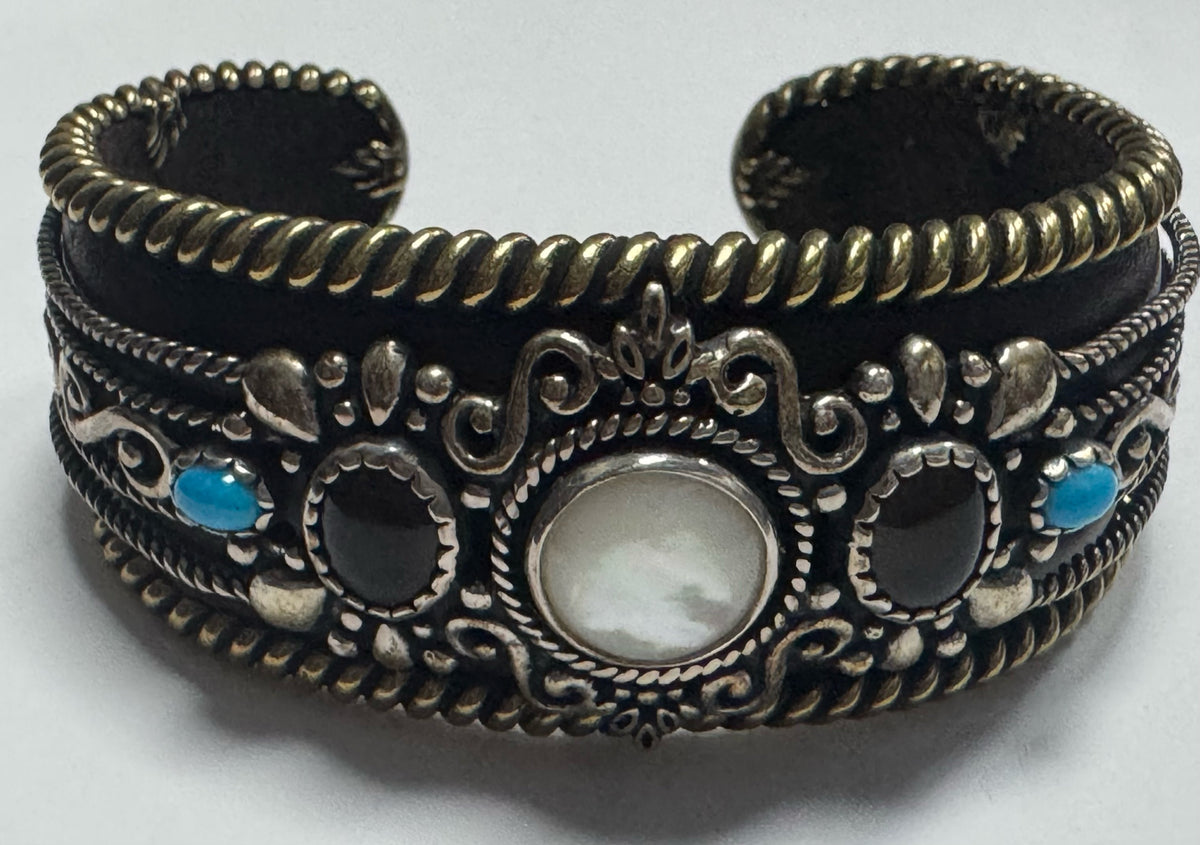 CAROLYN POLLACK Am West Sterling Silver & Brass Cuff Bracelet Mother of Pearl