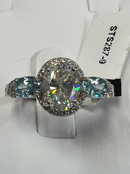 Sterling Silver Aquamarine & White Zircon Ring Size 8