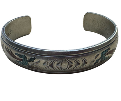 Navajo Bracelet Silver Inlaid Turquoise Cuff Signed NAKAI C.80's Peyote Birds