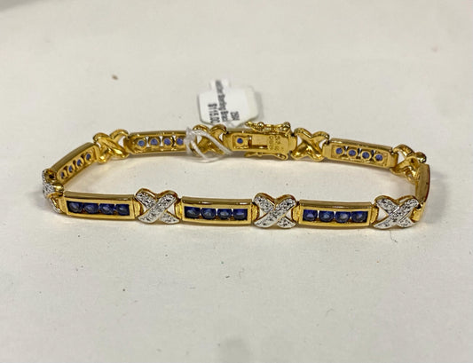 Gold Over Sterling Bracelet 7.5" Blue CZ