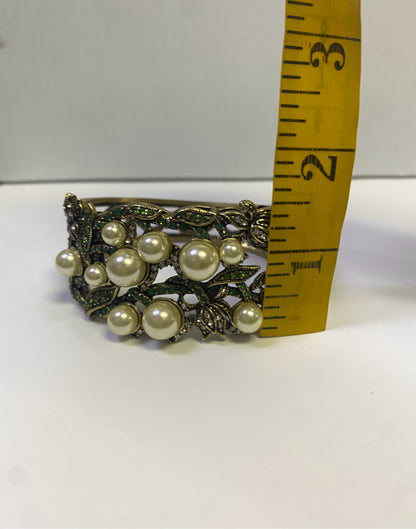 Heidi Daus Clamper Bangle Bracelet Faux Pearl Green Swarovski Crystals