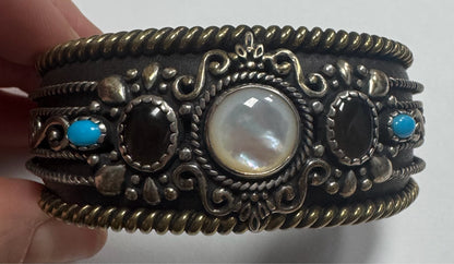 CAROLYN POLLACK Am West Sterling Silver & Brass Cuff Bracelet Mother of Pearl