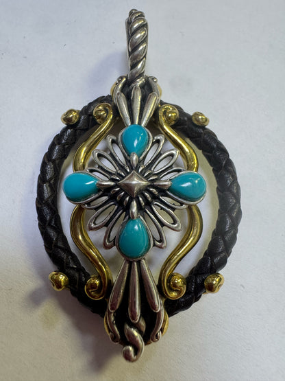 Carolyn Pollack Sterling Silver &  Brass Turquoise Enhancer Pendant 2.75" x 1.5"