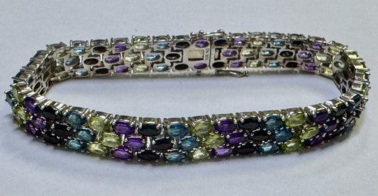 Sterling Silver Tennis Bracelet Blue Topaz Peridot Black Spinel 8" JTV 22.2 cttw
