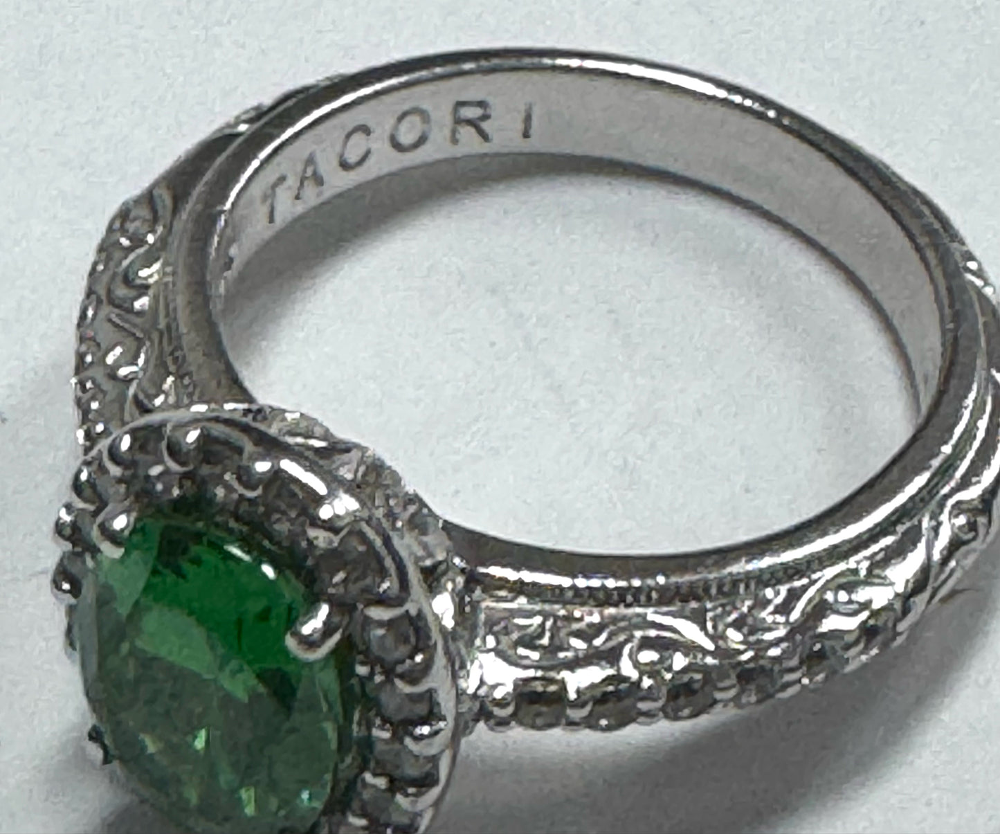 Tacori Sterling Silver Oval Halo Simulated Emerald Green CZ Ring Size 7