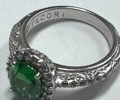 Tacori Sterling Silver Oval Halo Simulated Emerald Green CZ Ring Size 7