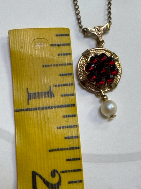 AMCO 14K Gold Filled Necklace Clip on Earring Set 2 Pc Red Garnet Pearl